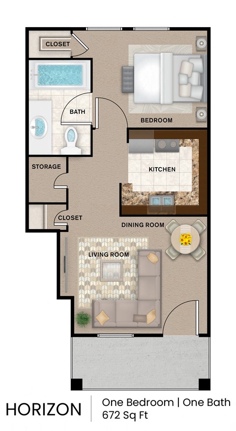 Floor plan for 1 bed, 1 bath, 672 sqft